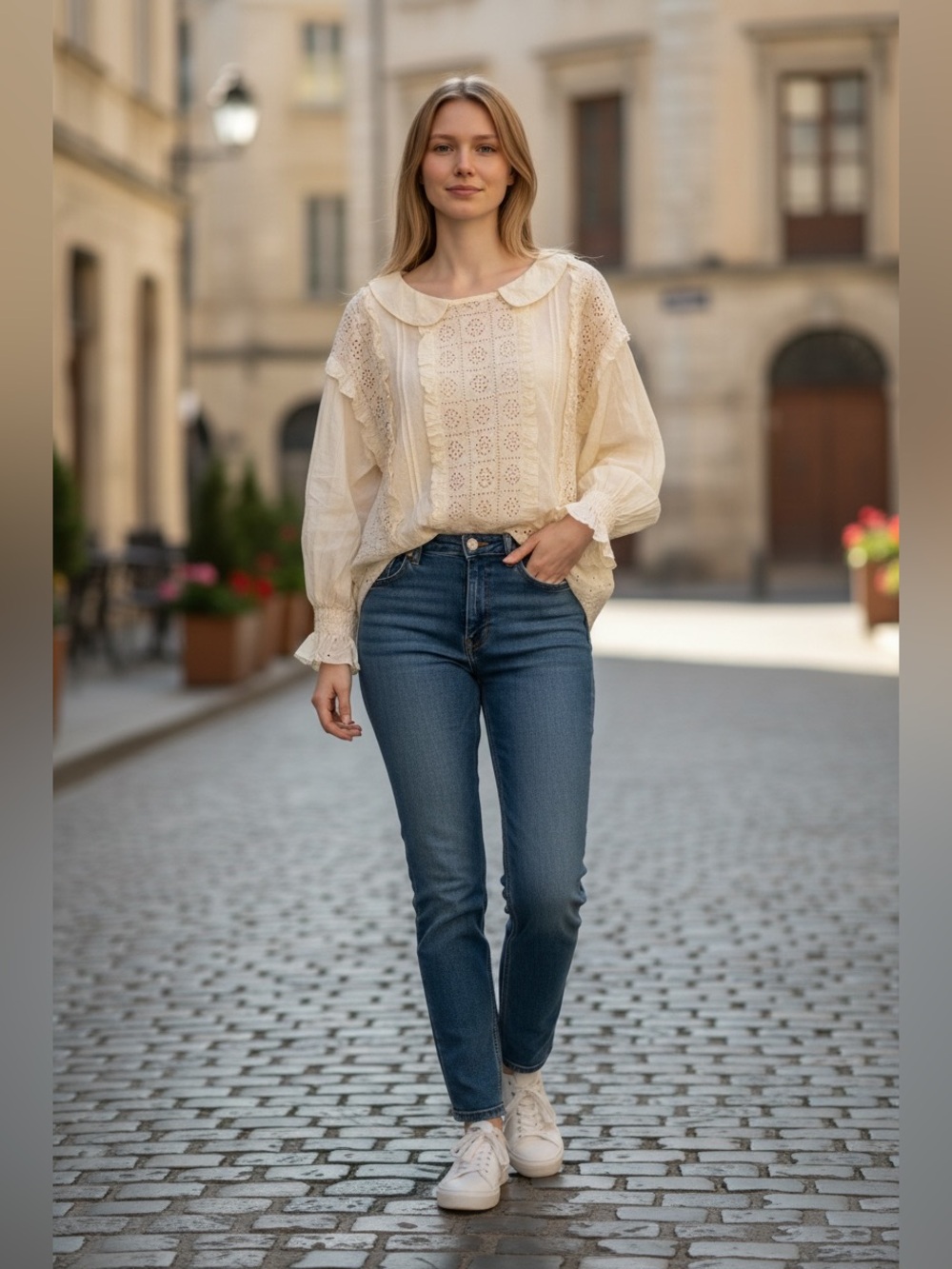 Cream Eyelet Lace Peasant Blouse with Peter Pan Collar